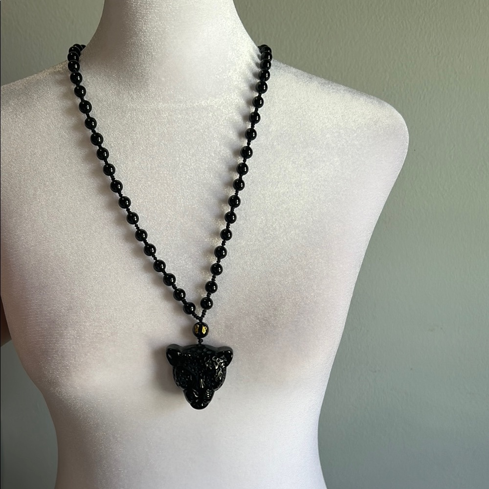 Black Onyx Beaded Panther Pendant Necklace